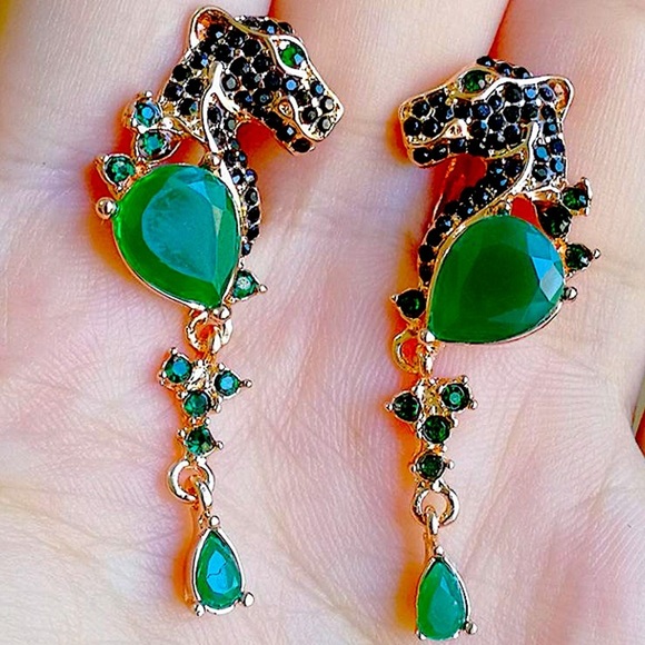 Leopard Emerald Black Onyx Marquis Ring Earrings Matching Set - Picture 3 of 5